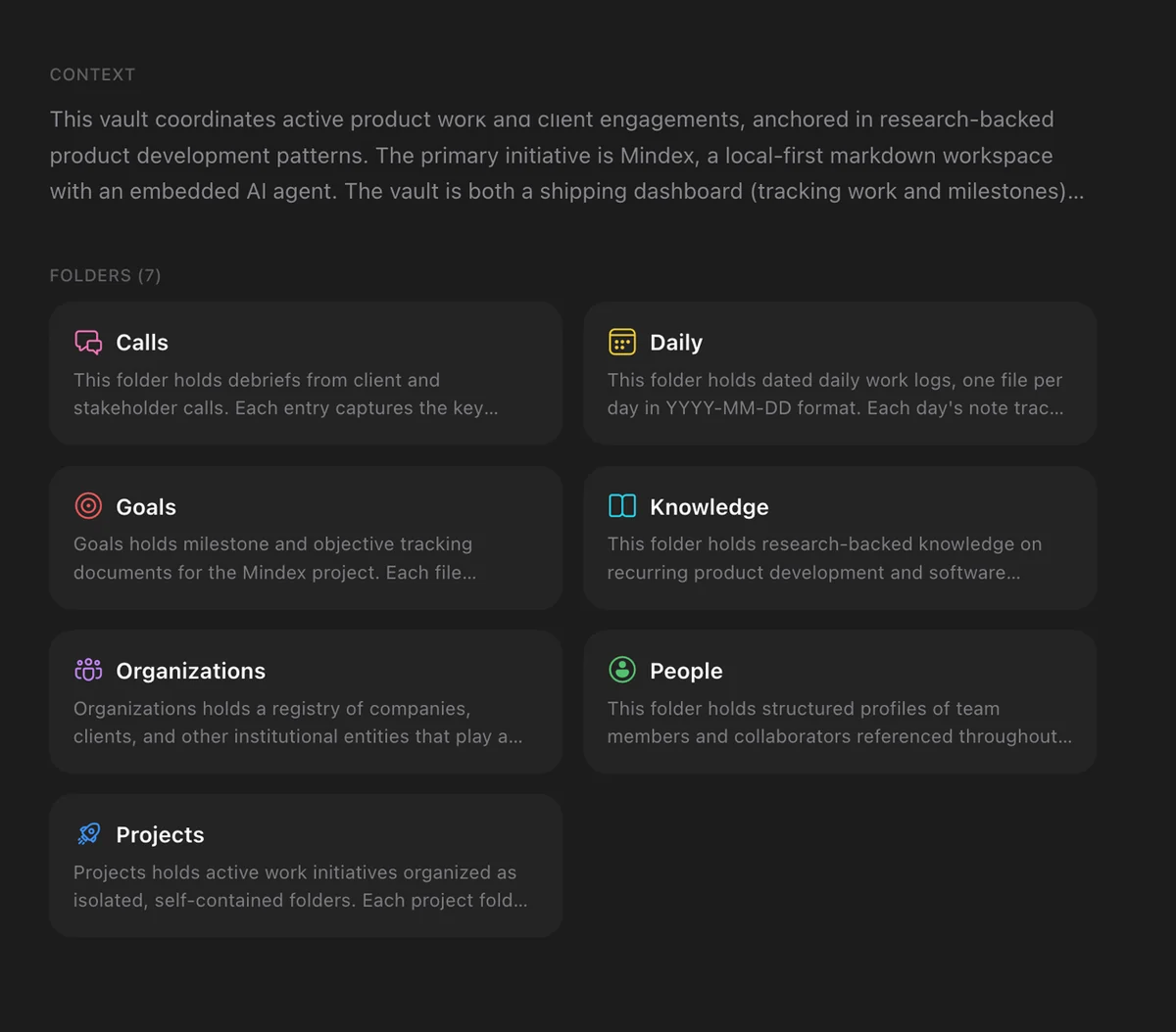 The context view, showing a summary of the vault and a description of each of its seven folders