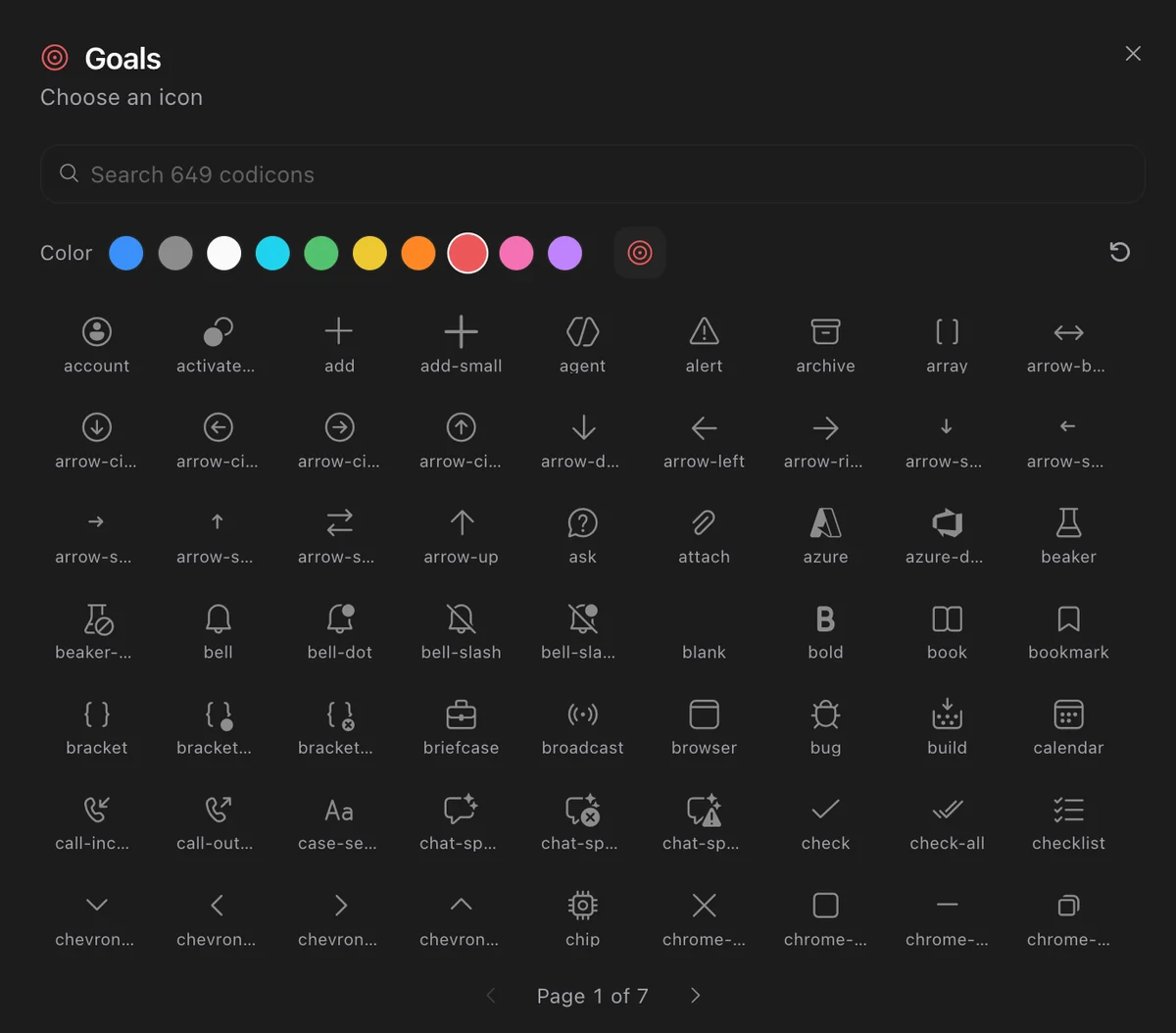 The icon picker, choosing an icon and colour for the Goals folder